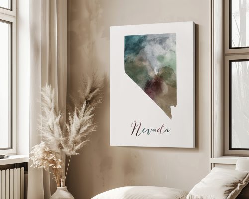 Artistic representation of the state of Nevada with a watercolor effect and the name 'Nevada' below.