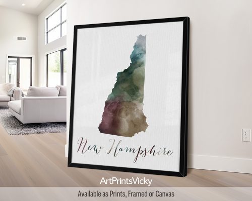 Earthy watercolor painting of the New Hampshire state map, with "New Hampshire" written below in handwritten script, on a textured background. Perfect for those with New England pride by ArtPrintsVicky.