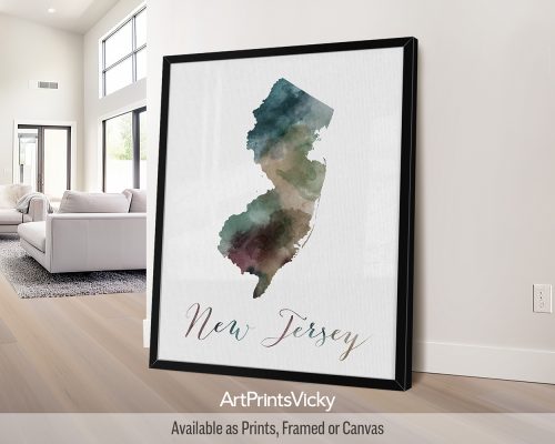 Earthy watercolor painting of the New Jersey state map, with 