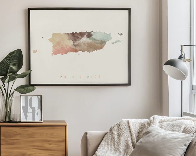 Watercolor map of Puerto Rico with soft colors and text label 'Puerto Rico' at the bottom.
