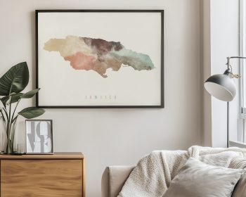 Artistic representation of Jamaica in soft colors displayed in a framed print.