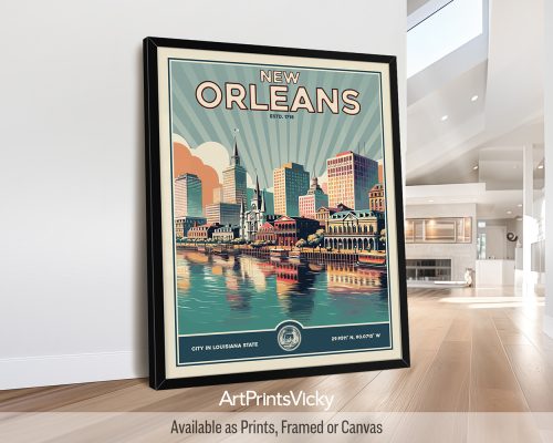 New Orleans Print Inspired by Retro Travel Art by ArtPrintsVicky