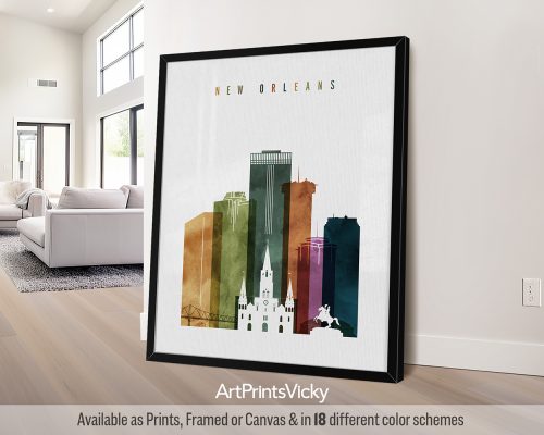 New Orleans skyline featuring St. Louis Cathedral, and other iconic landmarks in a bold and expressive Watercolor 3 style, by ArtPrintsVicky.