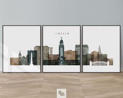 Lincoln skyline set of 3 Prints Watercolor 2