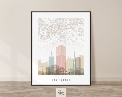 Newcastle map with skyline print pastel white