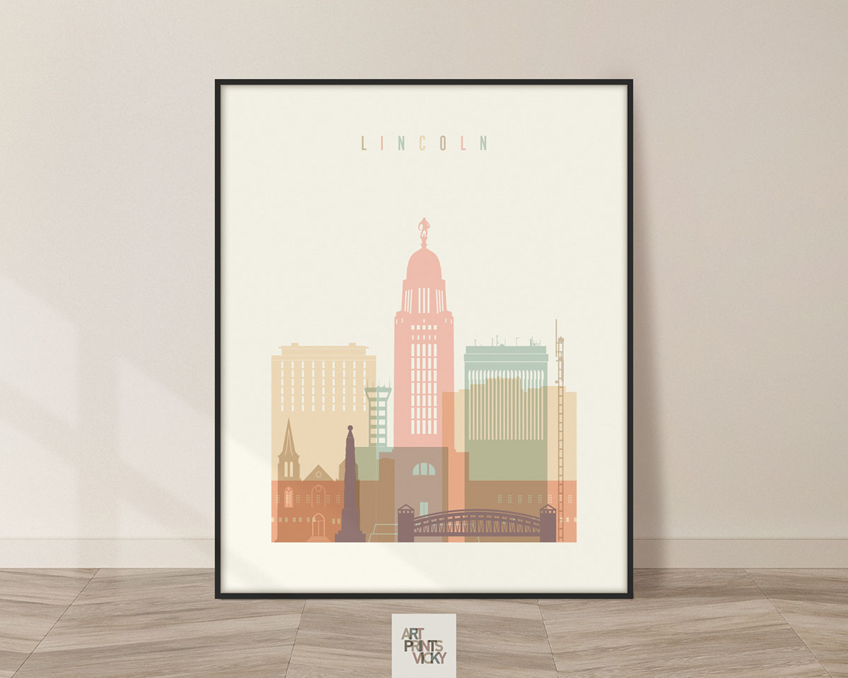 Lincoln skyline art print pastel cream