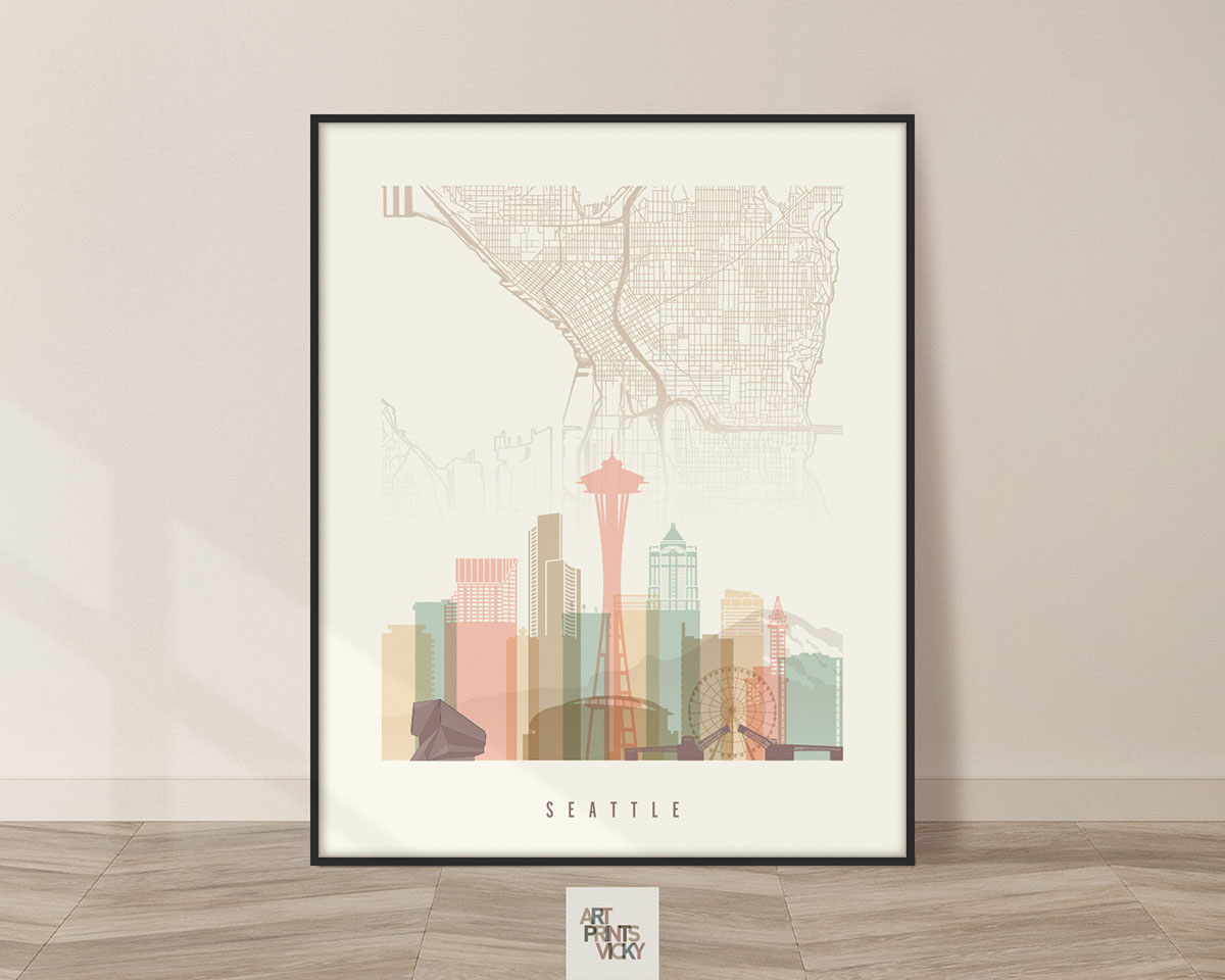 Seattle City Map Art Print in Pastel Cream