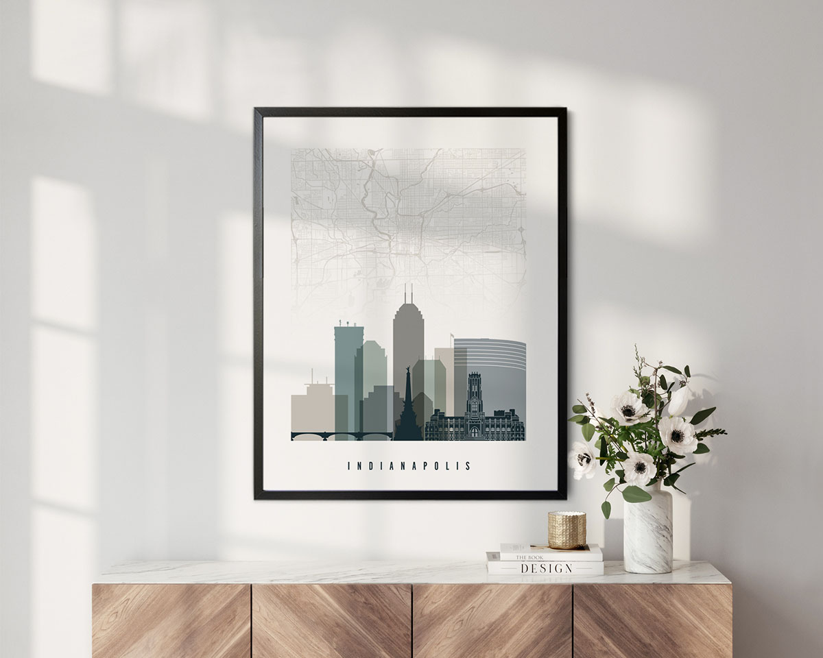 Indianapolis map print with skyline earth tones 4 second