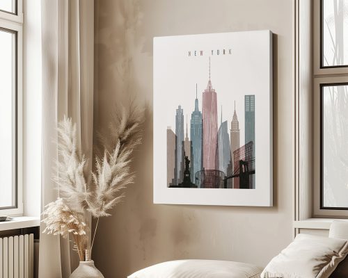 Art print of the New York City skyline featuring various skyscrapers in muted colors.