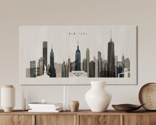 Artistic representation of the New York City skyline with notable buildings and landmarks.