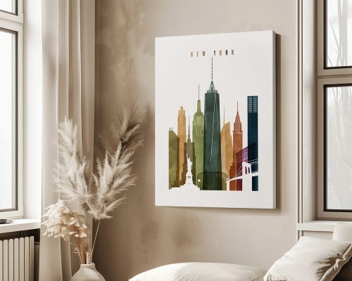 Art print featuring a stylized skyline of New York City with various iconic buildings.