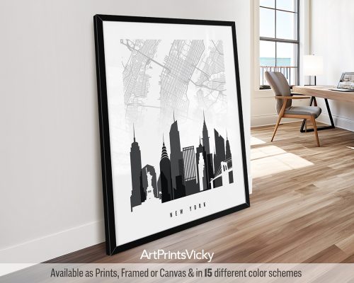 New York City minimalist map and skyline poster featuring the Empire State Building, Brooklyn Bridge, iconic landmarks, and detailed street layout, all rendered in a bold black and white color scheme, by ArtPrintsVicky.