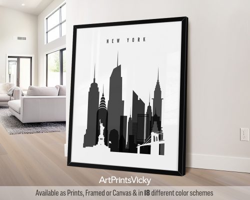 Black and white New York City skyline art print by ArtPrintsVicky