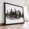 Black and gold silhouette of the New York City skyline with the text 'New York' in cursive.