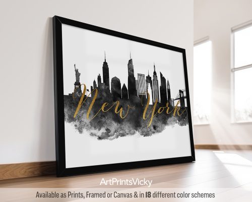 Black and white watercolor landscape art print featuring the New York City skyline with iconic landmarks. The city's name, "New York" is written in a bold faux gold font in the middle of the print. by ArtPrintsVicky.