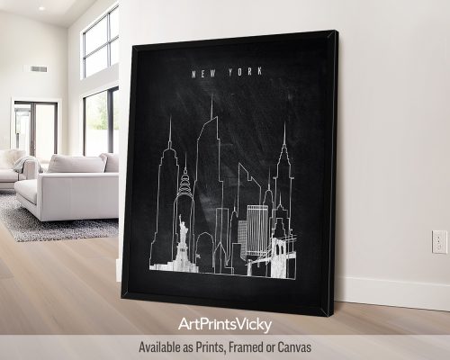 New York City skyline print featuring white chalk outlines of iconic skyscrapers on a textured black background by ArtPrintsVicky