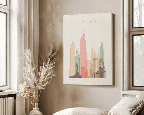 Art print of the New York City skyline featuring iconic buildings in pastel colors.