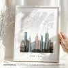 Art print of a New York City map with prominent buildings and streets in a minimalist design.