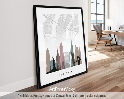 New York Map & Skyline Print in Distressed Hues by ArtPrintsVicky