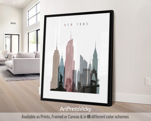 New York City art print featuring the Empire State Building, iconic landmarks, and vibrant cityscape in a textured and vintage Distressed 1 style. by ArtPrintsVicky.