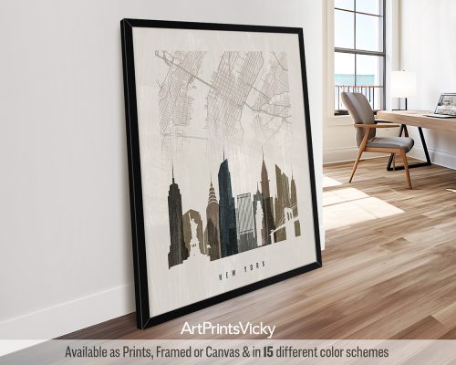 New York Map & Skyline Print in Distressed Tones by ArtPrintsVicky