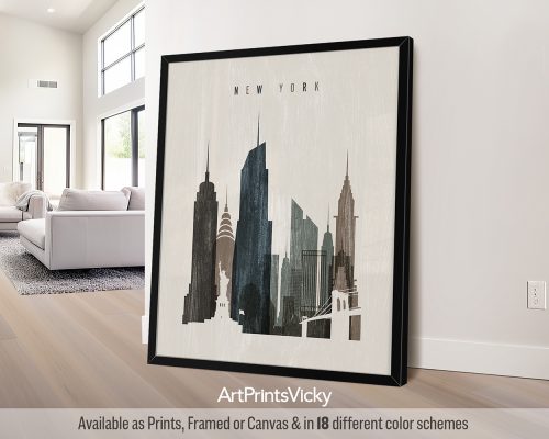 Distressed New York City skyline print with a worn, vintage aesthetic, featuring iconic landmarks by ArtPrintsVicky.