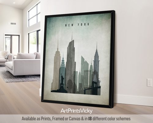Heavily distressed New York City poster with a weathered, vintage aesthetic, featuring iconic landmarks by ArtPrintsVicky.