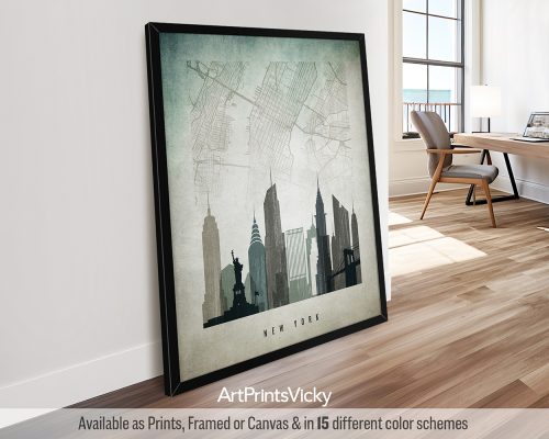 New York City map & skyline poster featuring the Empire State Building, iconic landmarks, and a detailed street layout in a cool Distressed 3 style, by ArtPrintsVicky.