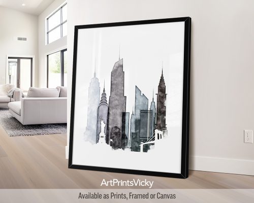 New York City Poster Drawing in Cool Tones by ArtPrintsVicky