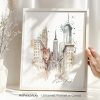 Watercolor illustration of New York City skyline featuring prominent buildings and the One World Trade Center.