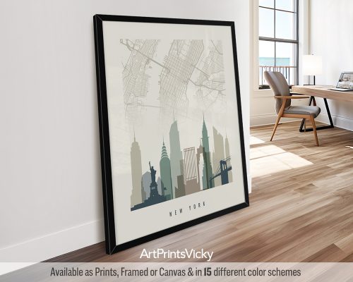 New York City minimalist map and skyline poster featuring the Empire State Building, iconic landmarks, and street layout, all rendered in a warm and earthy "Earth Tones 1" palette, by ArtPrintsVicky.