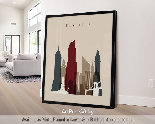 New York City skyline art print in earth tones 2 by ArtPrintsVicky