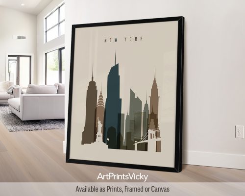 New York City skyline art print in earth tones 3 by ArtPrintsVicky