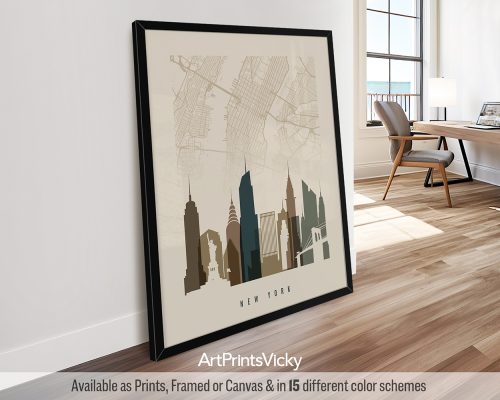 New York Map & Skyline Print in Warm Earth Tones by ArtPrintsVicky