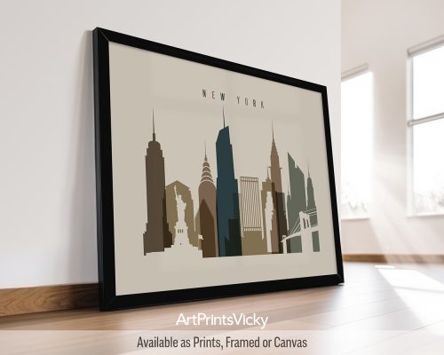 New York City landscape skyline art print in earth tones 3 by ArtPrintsVicky