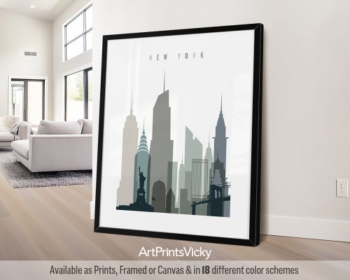 New York City modern art print in cool Earth Tones 4. Features iconic landmarks and a contemporary, geometric style by ArtPrintsVicky