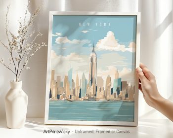 Framed art print of New York City skyline featuring the Empire State Building and other skyscrapers.