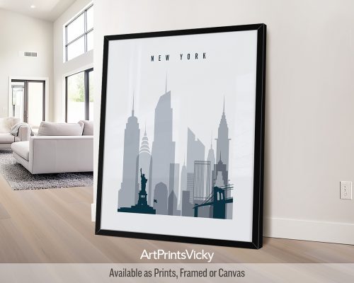 New York City skyline poster in a calming grey blue color palette by ArtPrintsVicky