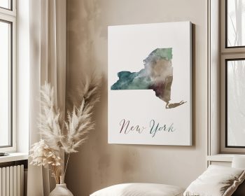 Artistic representation of the New York state map with watercolor effects and the word 'New York' beneath it.