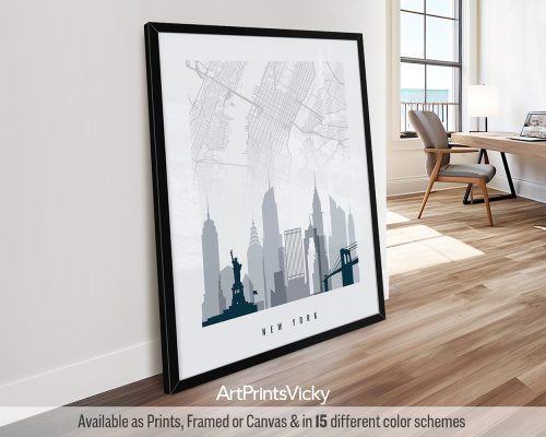 New York City minimalist map and skyline poster featuring the Empire State Building, iconic landmarks, and street layout, all rendered in a cool Grey Blue color scheme, by ArtPrintsVicky.