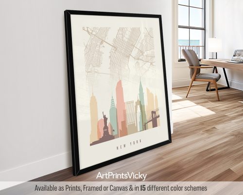 New York City minimalist map and skyline poster featuring the Empire State Building, the Brooklyn Bridge, iconic landmarks, and street layout, all rendered in a warm, vintage-inspired Pastel Cream palette. by ArtPrintsVicky.