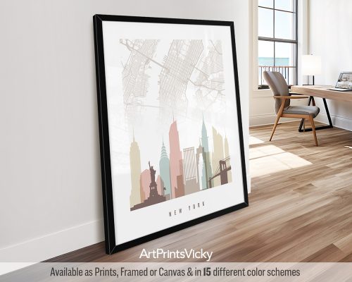 New York City Map & Skyline Print in Soft Pastels by ArtPrintsVicky