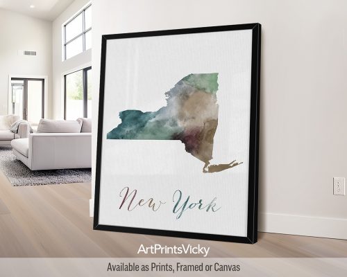 Earthy watercolor painting of the New York state map, with 
