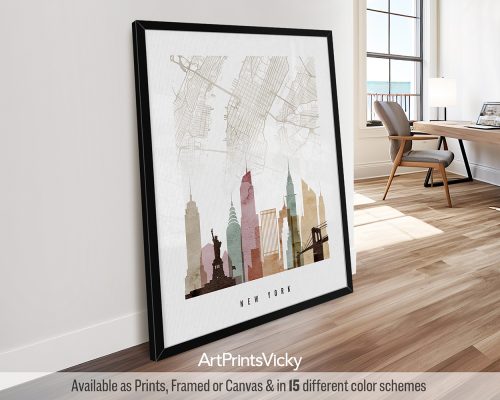 New York City minimalist map and skyline poster featuring the Empire State Building, iconic landmarks, and street layout, all rendered in a soft watercolor 1 style. by ArtPrintsVicky.