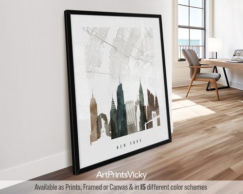 New York City minimalist map and skyline poster featuring the Empire State Building, iconic landmarks, and street layout, all rendered in a rich and textured earthy Watercolor 2 style. by ArtPrintsVicky.