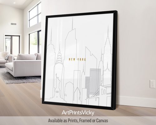 New York City print featuring dark gray line art skyline with faux gold title "New York" by ArtPrintsVicky.