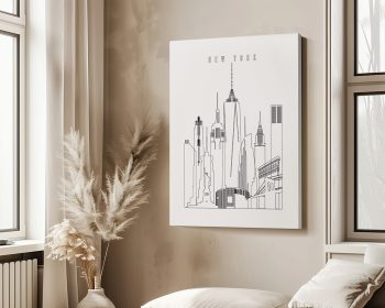 Outline illustration of New York City skyline featuring iconic buildings in a minimalist style.