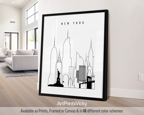 Black outline minimalist New York City skyline print by ArtPrintsVicky