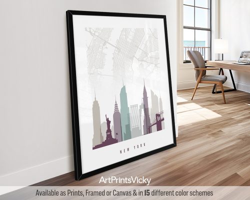 New York Map & Skyline Print in Cool Pastels by ArtPrintsVicky
