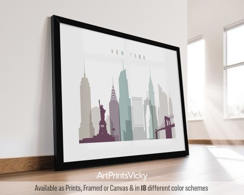 New York City landscape skyline featuring the Empire State Building, the Brooklyn Bridge, and iconic landmarks in a soft and dreamy Pastel 2 palette, by ArtPrintsVicky.